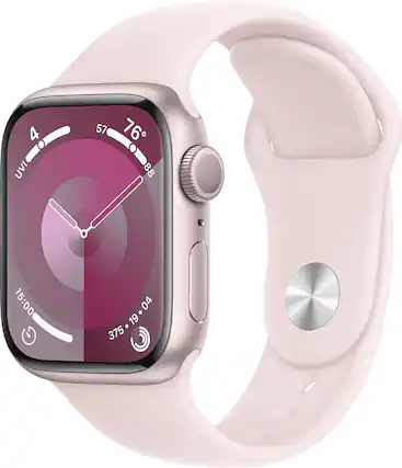 The image shows a watch face with the time of 15:00 displayed. The watch is pink and white, and it is being worn on a wrist. The watch face is surrounded by a white background, which highlights the watch's colorful design.