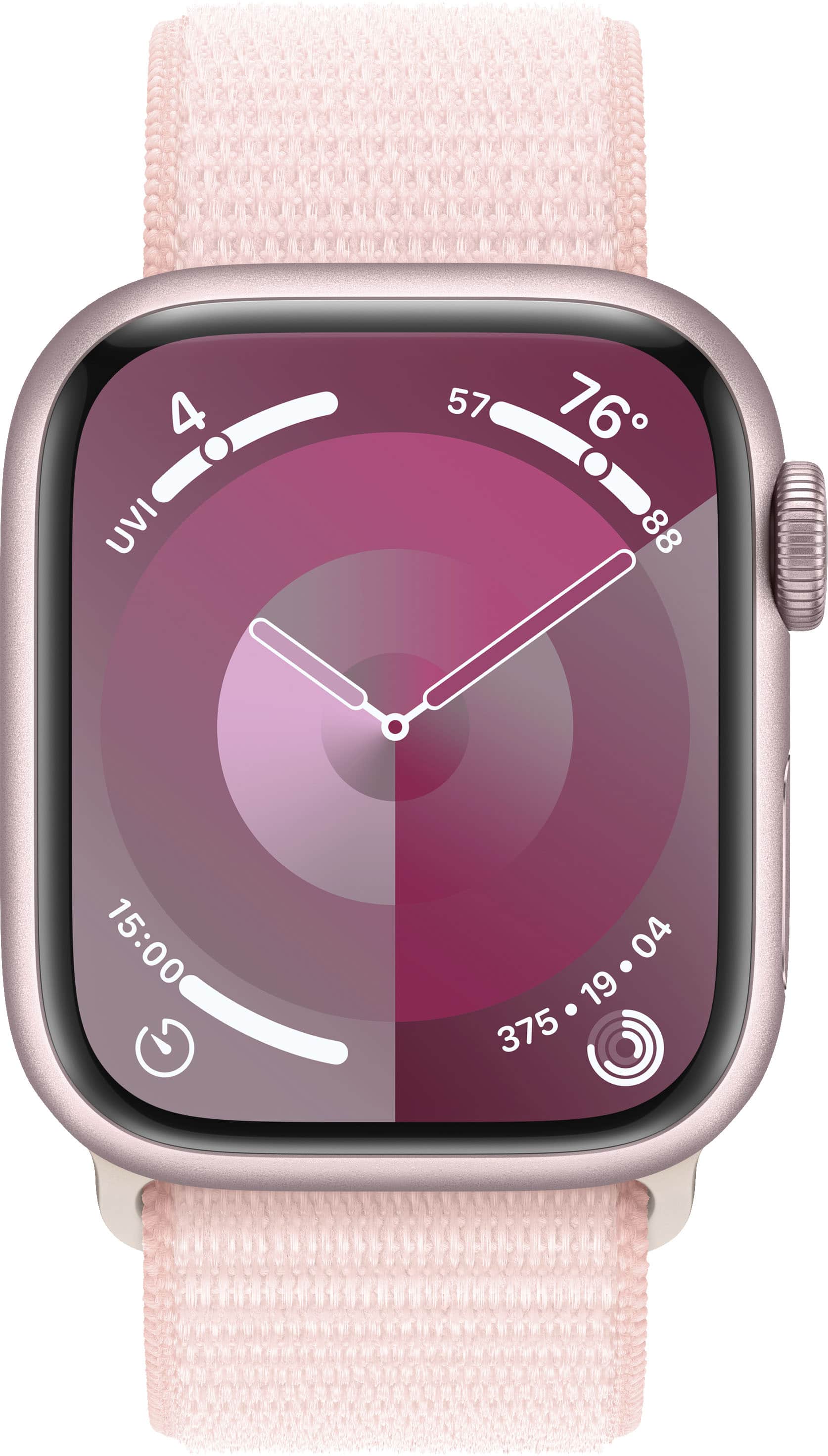 The image shows a watch face with the time at 15:00. The watch is pink and white in color. The watch face also displays the temperature, which is 76 degrees Fahrenheit. The watch is likely an Apple watch, as it is described as a "smart watch."