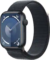 Front. Apple - Apple Watch Series 9 GPS 45mm Aluminum Case with Midnight Sport Loop - Midnight.