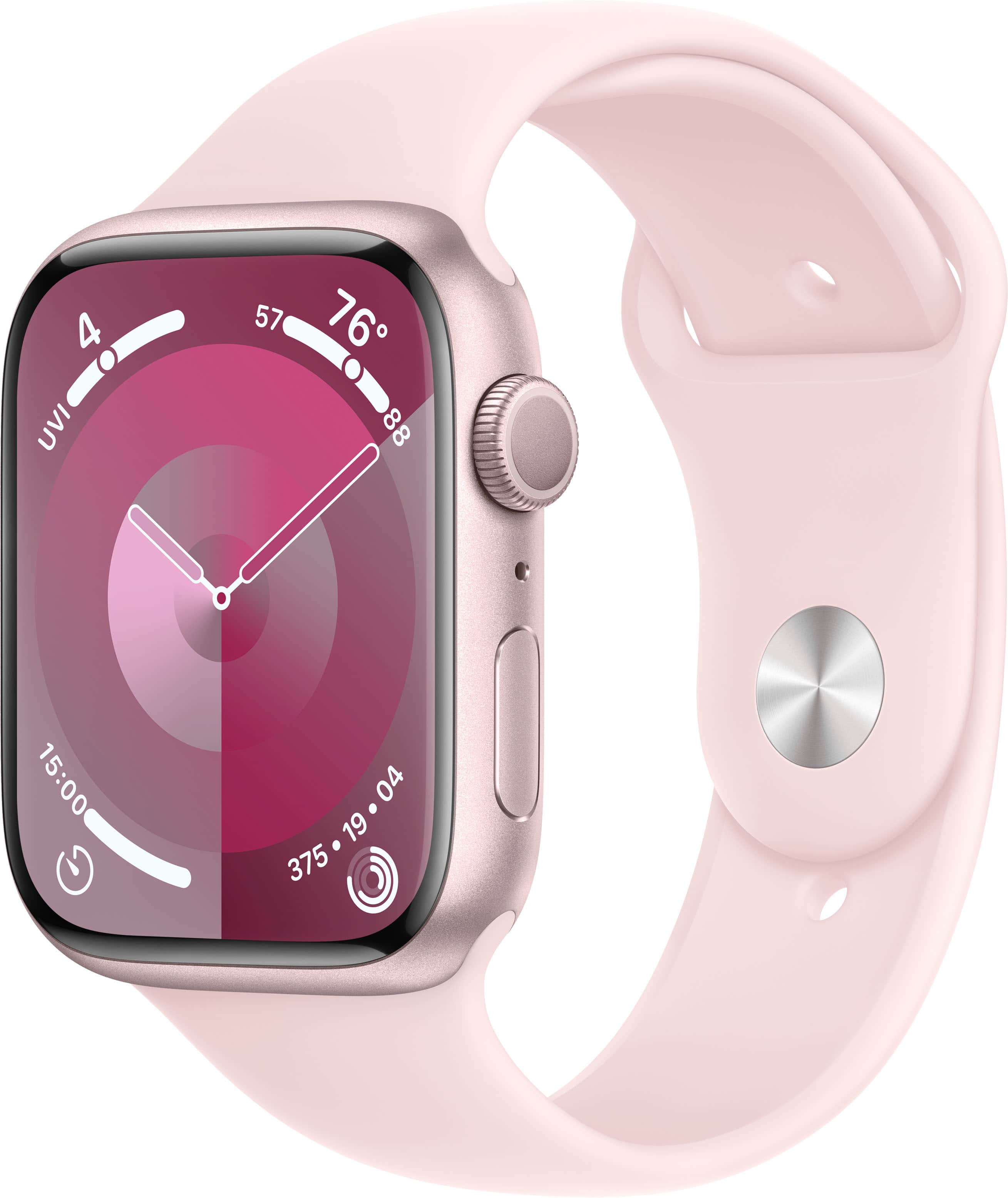 Front. Apple - Apple Watch Series 9 GPS 45mm Aluminum Case with Light Pink Sport Band (Medium/Large) - Pink.