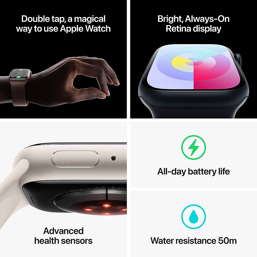 The text on the image can be grouped and corrected as follows:

1. Double tap: A magical way to use Apple Watch
2. Bright, Always-On Retina display
3. All-day battery life
4. Advanced health sensors
5. Water resistance 50m

The grouped and corrected text highlights the main features and benefits of using an Apple Watch.
