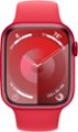 Angle. Apple - Apple Watch Series 9 GPS 45mm Aluminum Case with (PRODUCT)RED Sport Band  (Medium/Large) - (PRODUCT)RED.