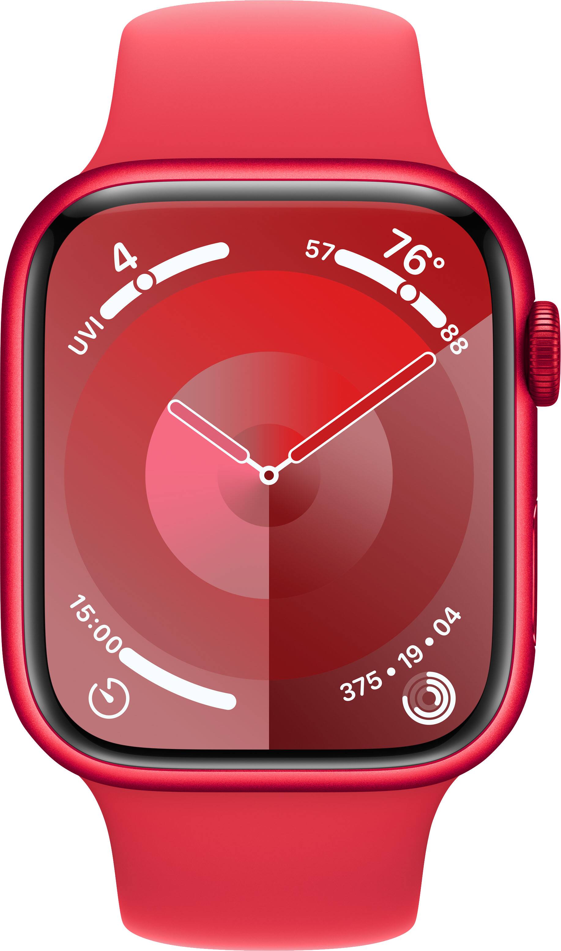 The time displayed on the watch is 15:00. The temperature is 76 degrees Fahrenheit. The watch is red and black in color. The watch is showing the time and temperature.