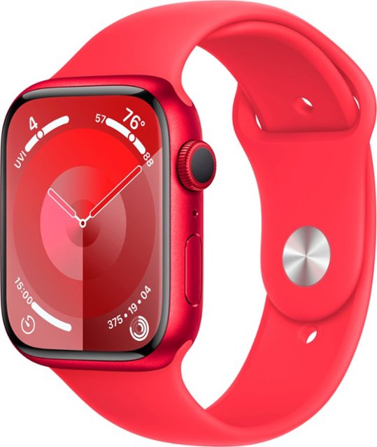Front. Apple - Apple Watch Series 9 GPS 45mm Aluminum Case with (PRODUCT)RED Sport Band  (Medium/Large) - (PRODUCT)RED.