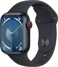 Front. Apple - Apple Watch Series 9 GPS + Cellular 41mm Aluminum Case with Midnight Sport Band (Small/Medium) - Midnight.