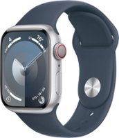 Apple Watch Series 9 GPS + Cellular 41mm Aluminum Case with Storm Blue Sport Band  (Small/Medium) - Silver - Front_Zoom