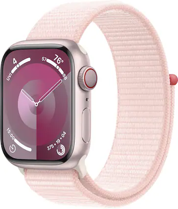 Front. Apple - Apple Watch Series 9 GPS + Cellular 41mm Aluminum Case with Light Pink Sport Loop - Pink.