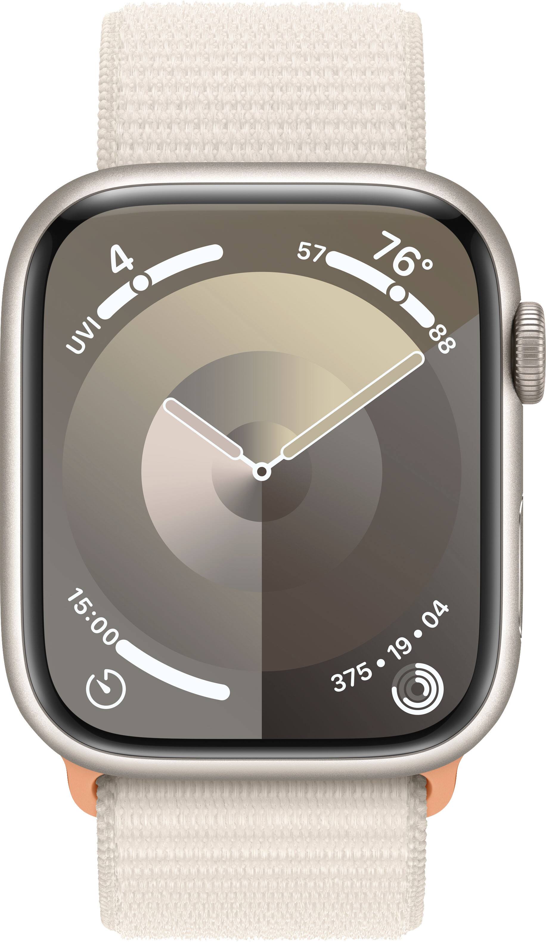 Angle. Apple - Apple Watch Series 9 GPS + Cellular 45mm Aluminum Case with Starlight Sport Loop - Starlight.