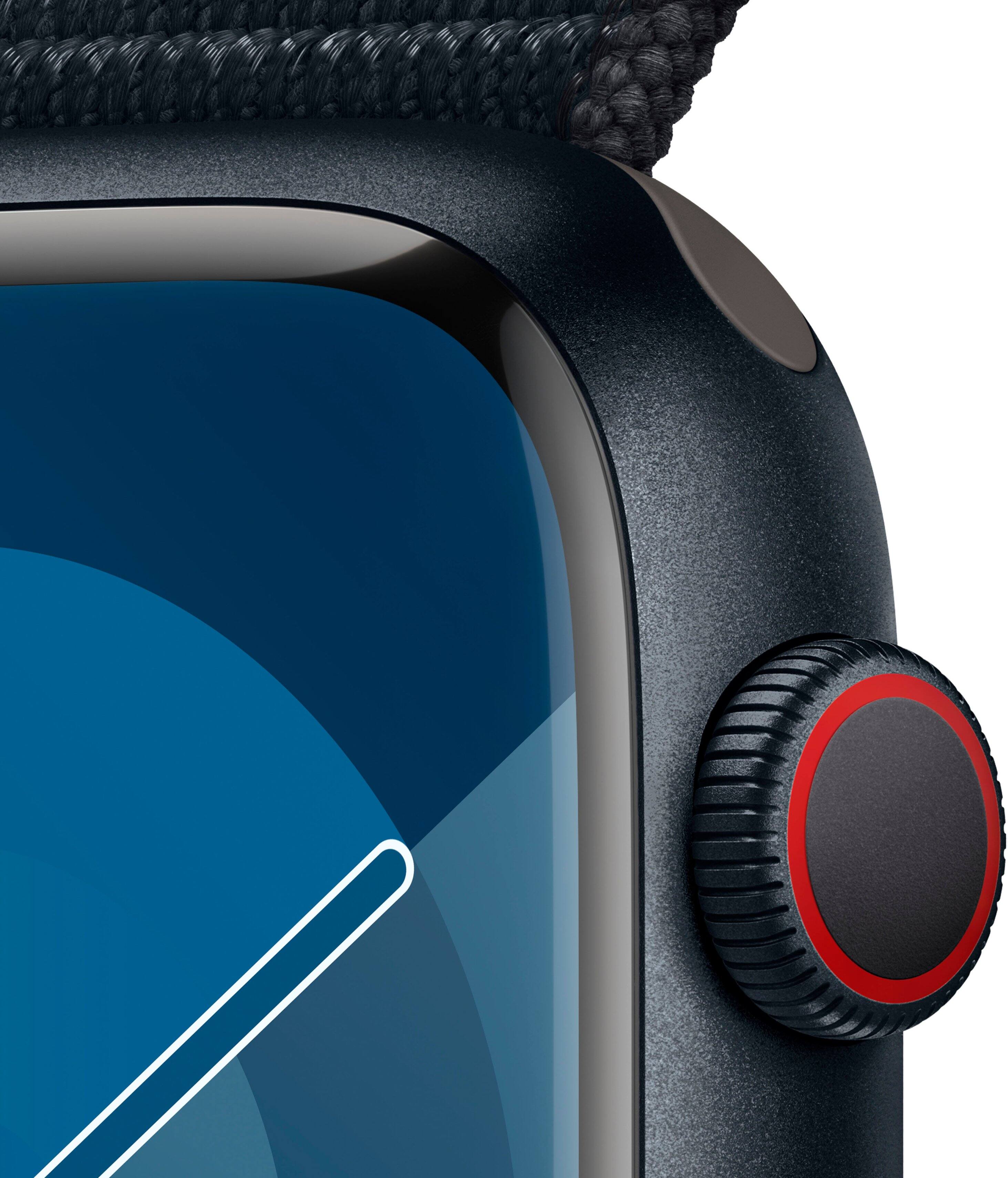 Alt View 1. Apple - Apple Geek Squad Certified Refurbished Watch Series 9 GPS + Cellular 45mm Aluminum Case with Midnight Sport Loop - Midnight.