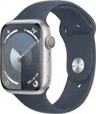 Front. Apple - Apple Watch Series 9 GPS + Cellular 45mm Aluminum Case with Storm Blue Sport Band (Small/Medium) - Silver.