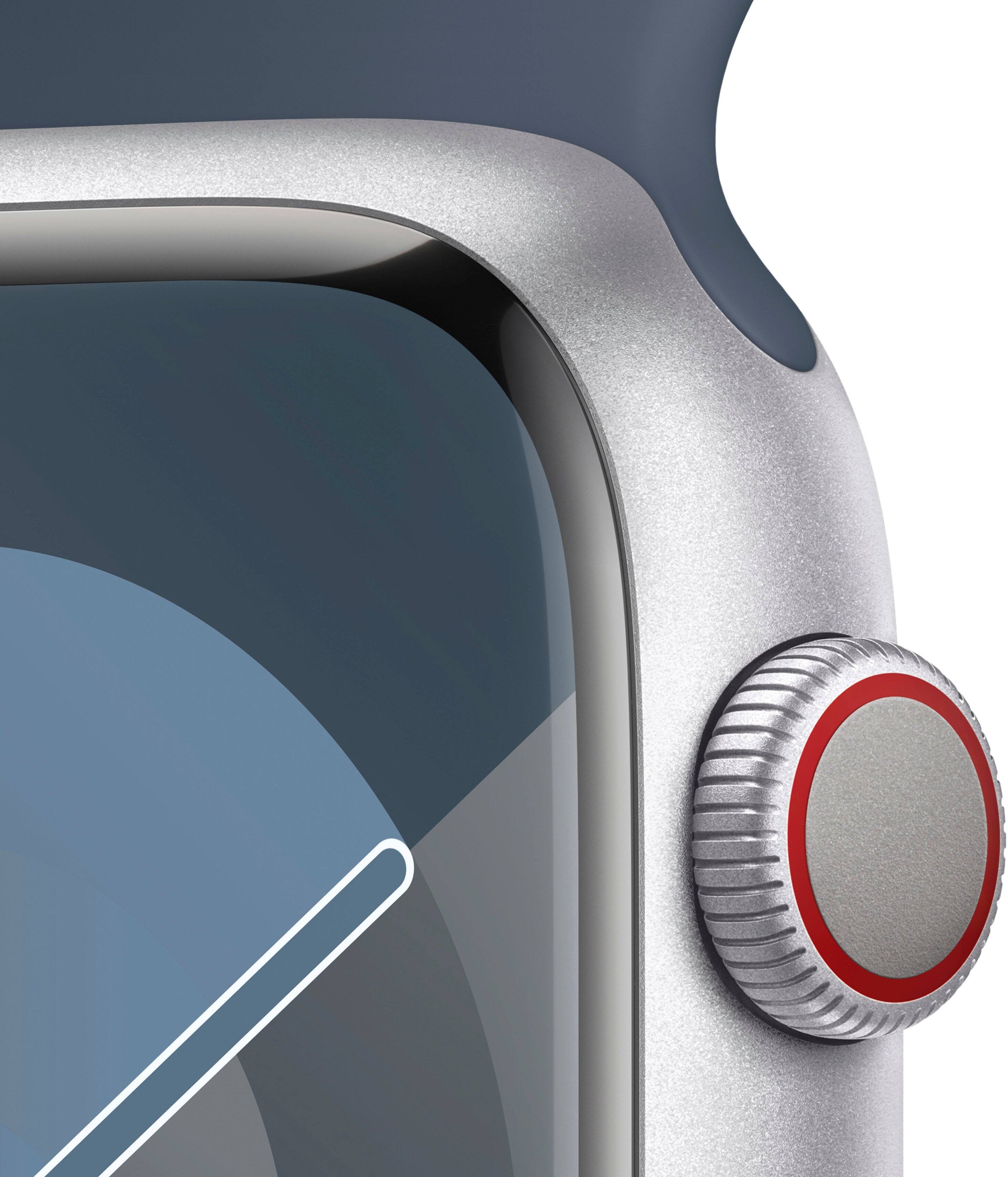Alt View 1. Apple - Refurbished Apple Watch Series 9 GPS + Cellular 45mm Aluminum Case with Storm Blue Sport Band  (Small/Medium) - Silver.