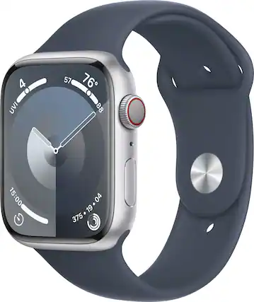 Front. Apple - Apple Watch Series 9 GPS + Cellular 45mm Aluminum Case with Storm Blue Sport Band (Medium/Large) - Silver.