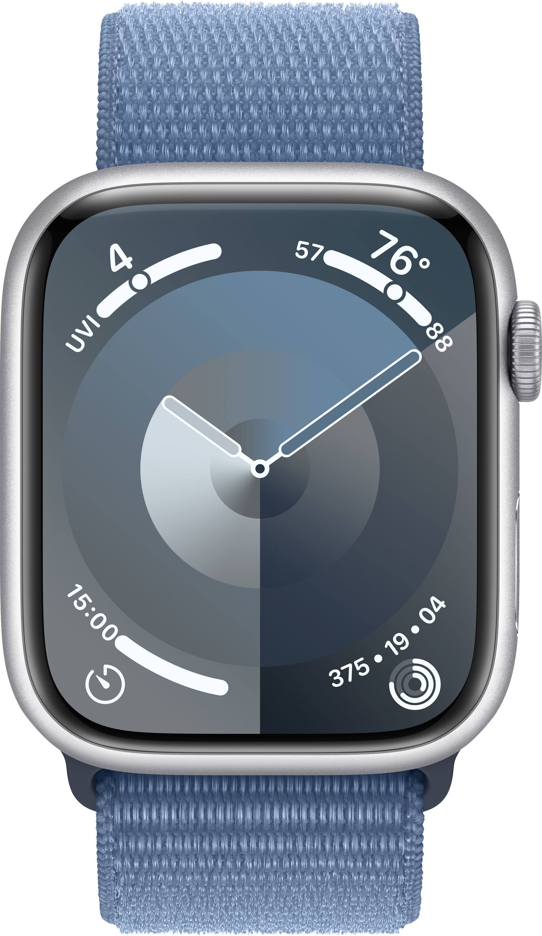 Angle. Apple - Apple Watch Series 9 GPS + Cellular 45mm Aluminum Case with Winter Blue Sport Loop - Silver.