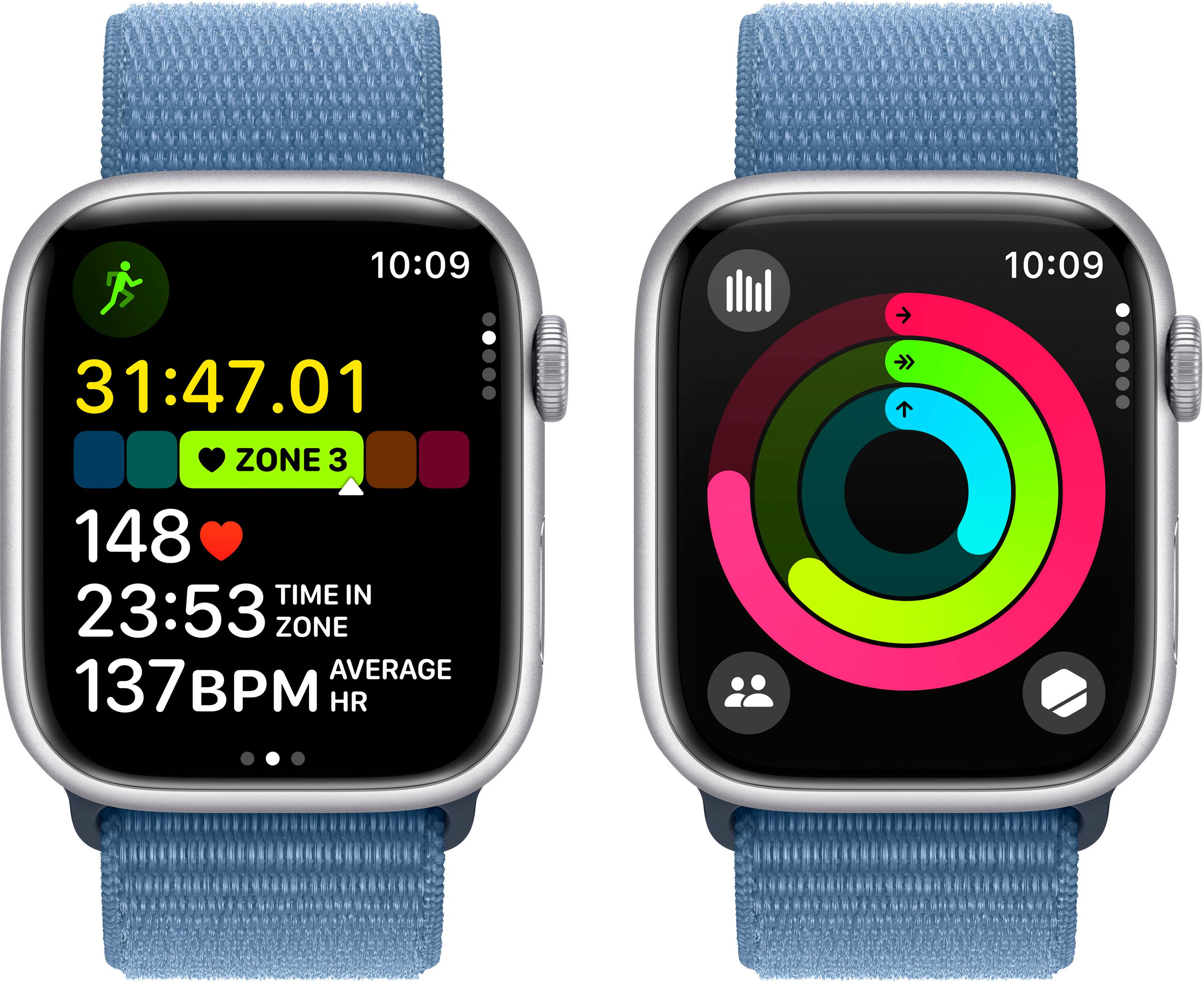 Alt View 6. Apple - Apple Watch Series 9 GPS + Cellular 45mm Aluminum Case with Winter Blue Sport Loop - Silver.