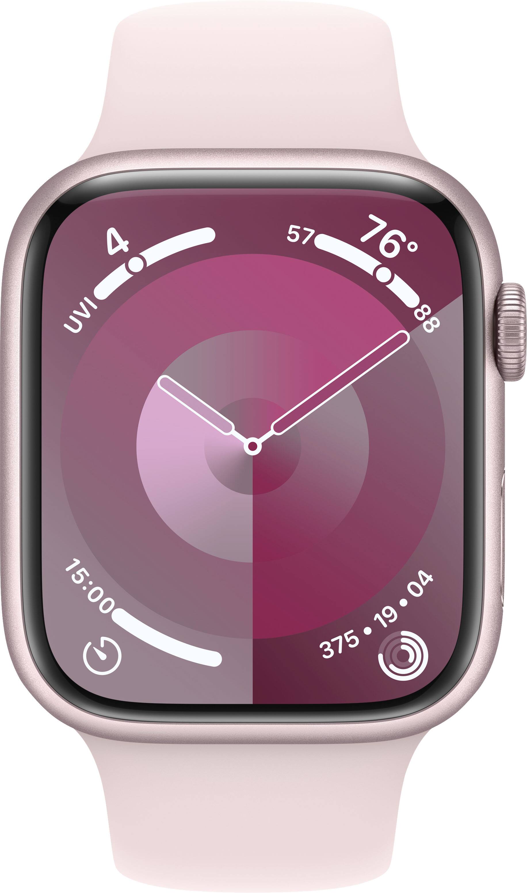 Angle. Apple - Apple Watch Series 9 GPS + Cellular 45mm Aluminum Case with Light Pink Sport Band  (Small/Medium) - Pink.