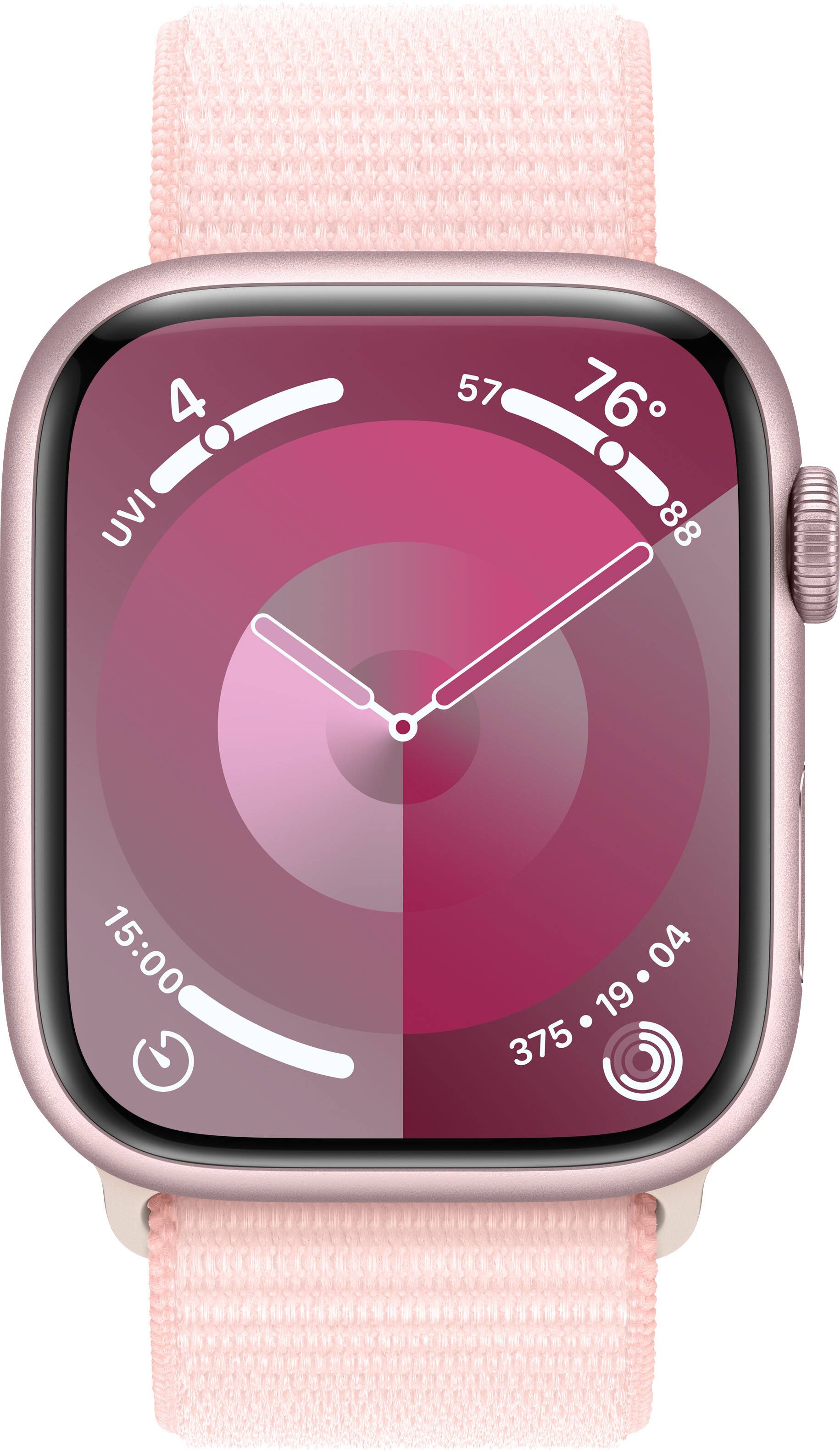 Angle. Apple - Apple Watch Series 9 GPS + Cellular 45mm Aluminum Case with Light Pink Sport Loop - Pink.