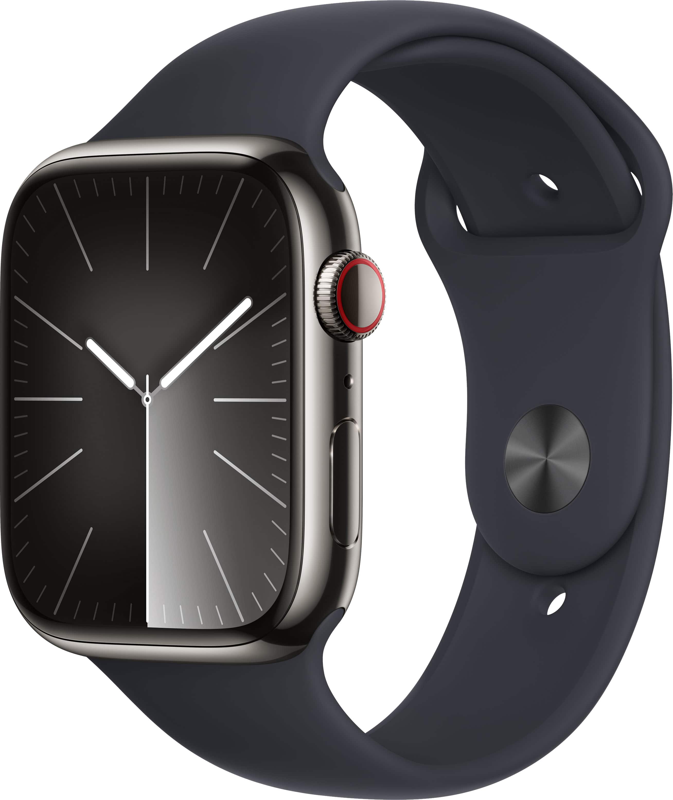 Front. Apple - Refurbished Apple Watch Series 9 GPS + Cellular 45mm Stainless Steel Case with Midnight Sport Band  (Medium/Large) - Graphite.