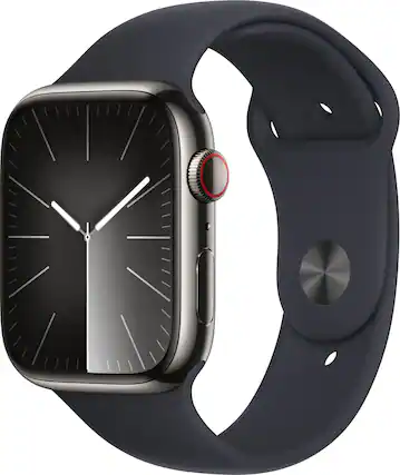 Front. Apple - Refurbished Apple Watch Series 9 GPS + Cellular 45mm Stainless Steel Case with Midnight Sport Band (Medium/Large) - Graphite.