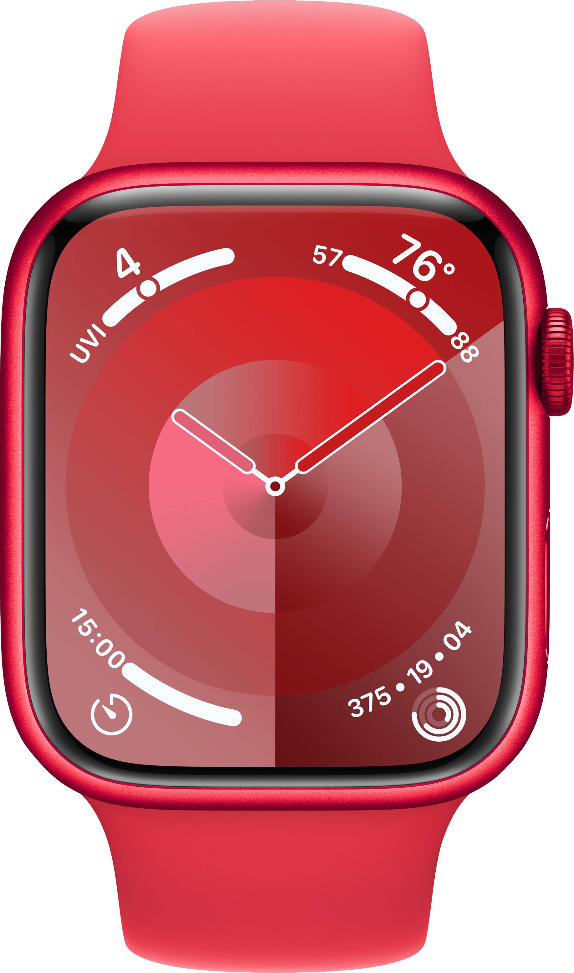 Angle. Apple - Apple Watch Series 9 GPS + Cellular 45mm Aluminum Case with (PRODUCT)RED Sport Band  (Medium/Large) - (PRODUCT)RED.