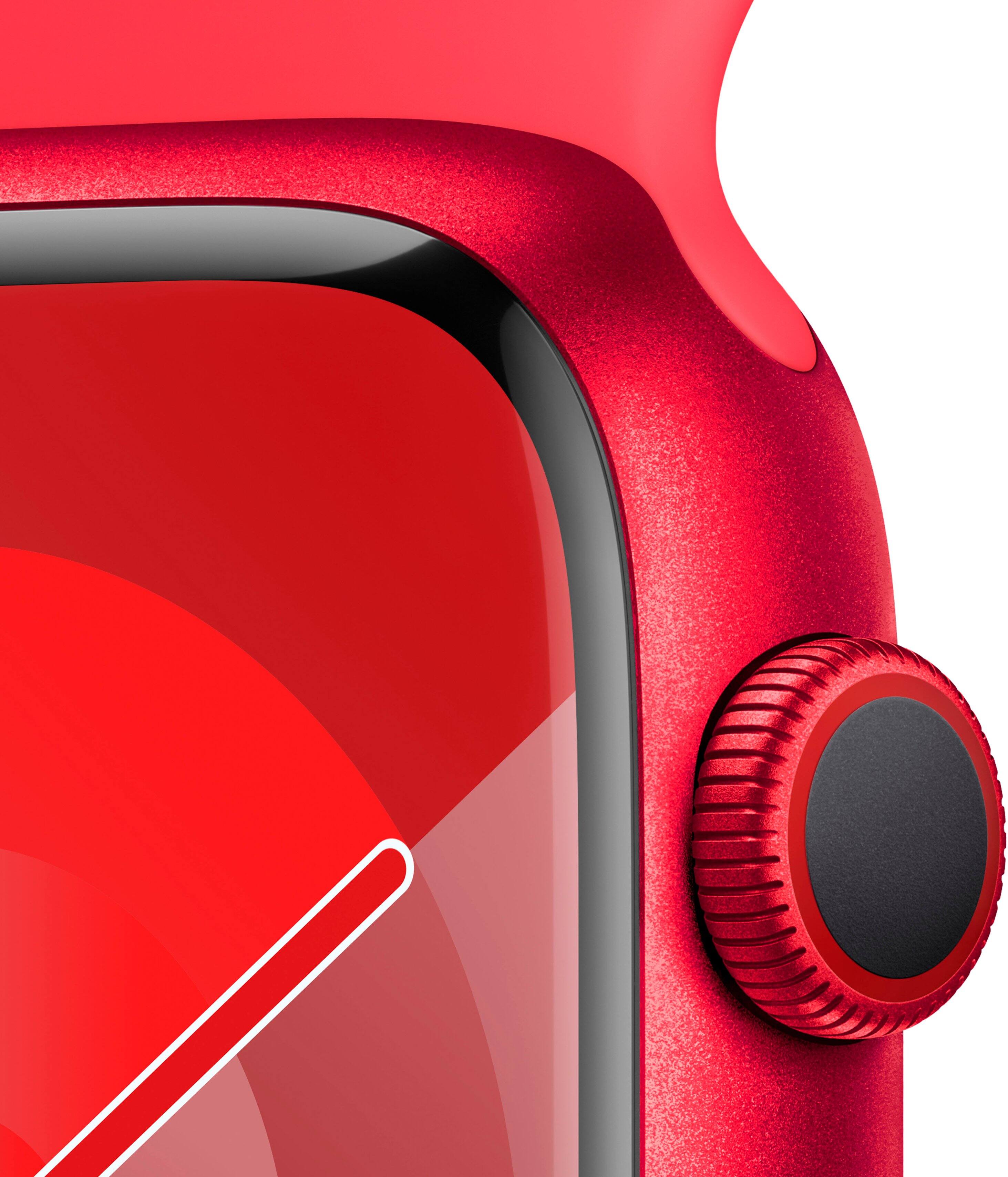 Alt View 1. Apple - Apple Watch Series 9 GPS + Cellular 45mm Aluminum Case with (PRODUCT)RED Sport Band  (Medium/Large) - (PRODUCT)RED.