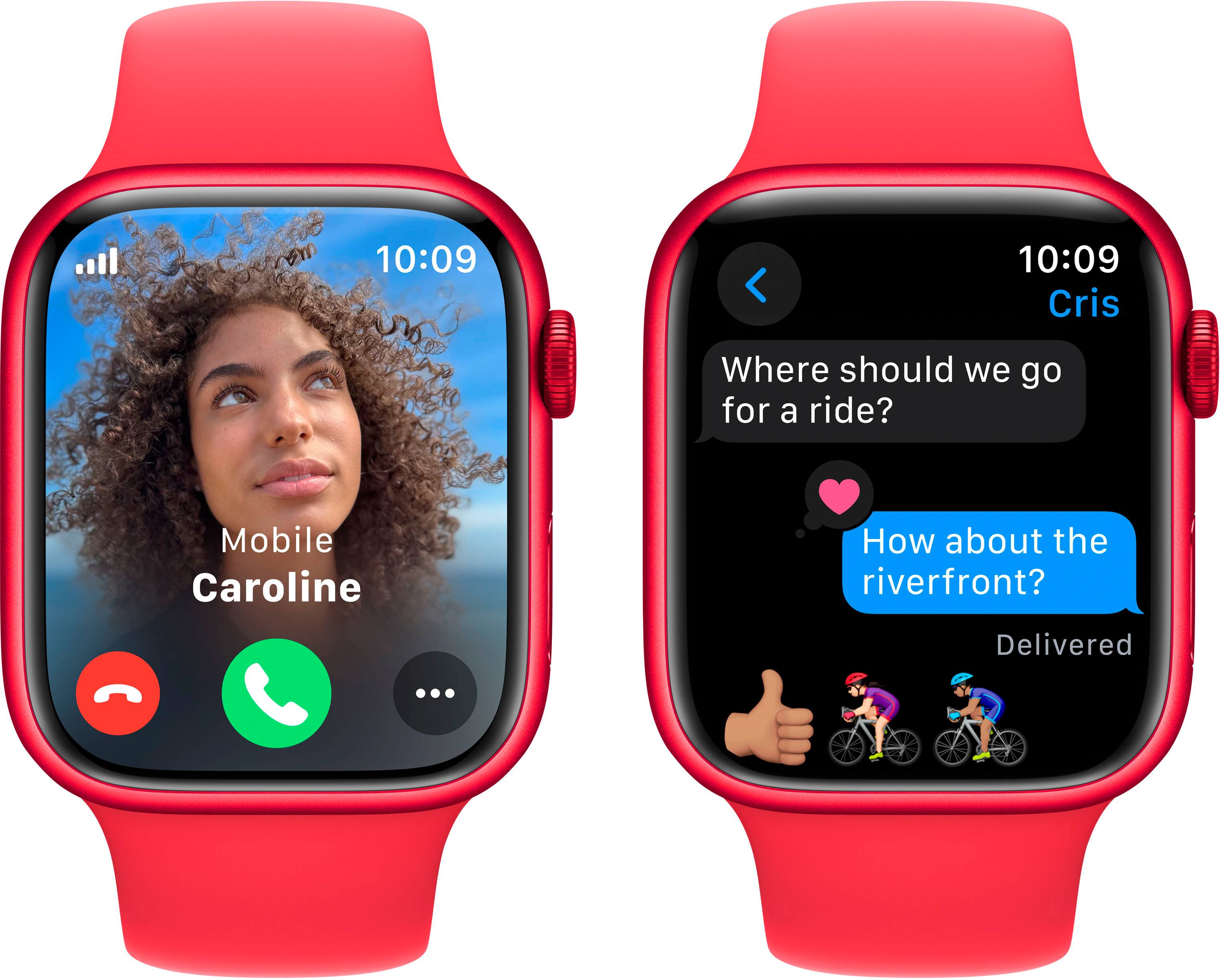 Alt View 4. Apple - Apple Watch Series 9 GPS + Cellular 45mm Aluminum Case with (PRODUCT)RED Sport Band  (Medium/Large) - (PRODUCT)RED.