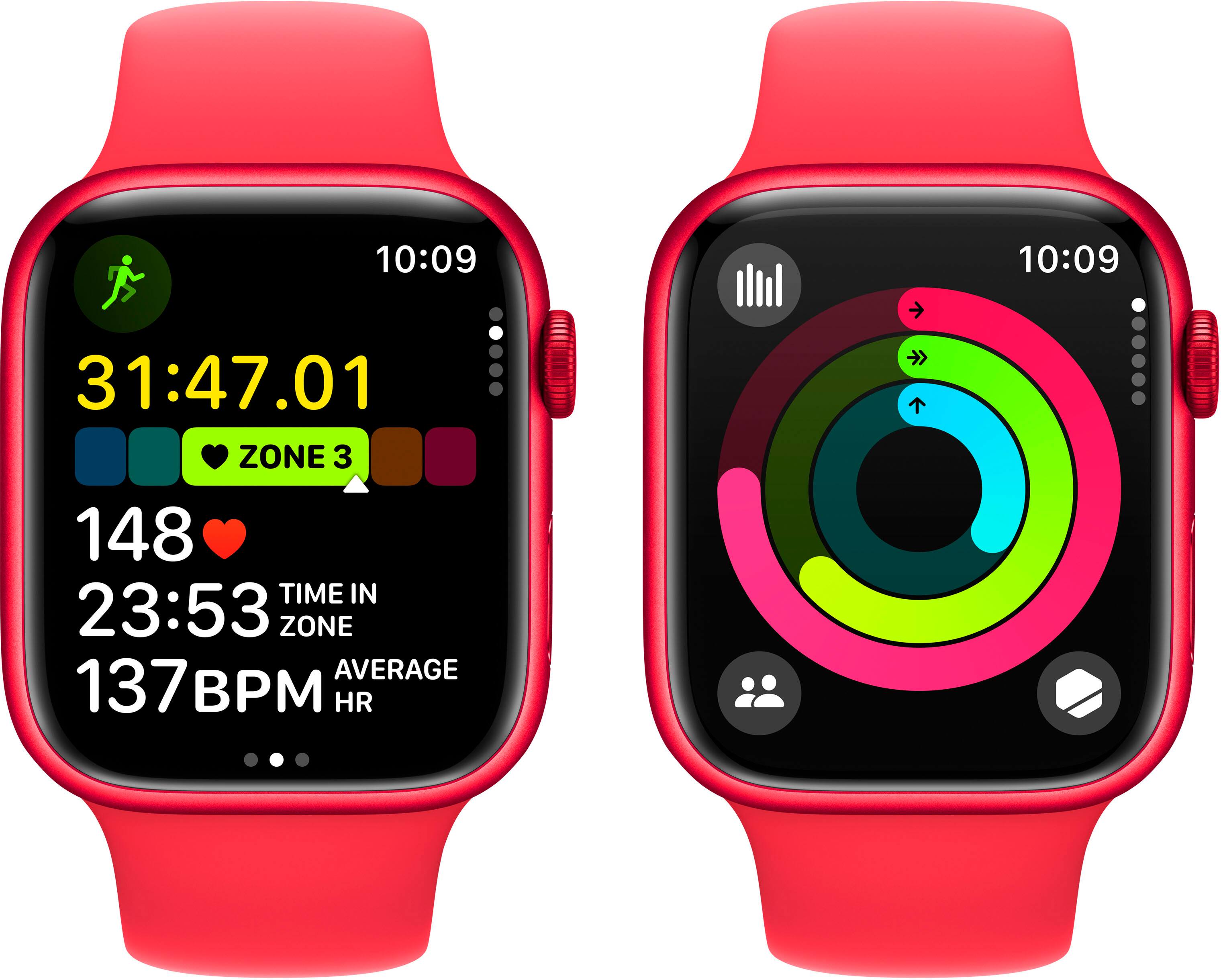 Alt View 6. Apple - Apple Watch Series 9 GPS + Cellular 45mm Aluminum Case with (PRODUCT)RED Sport Band  (Medium/Large) - (PRODUCT)RED.