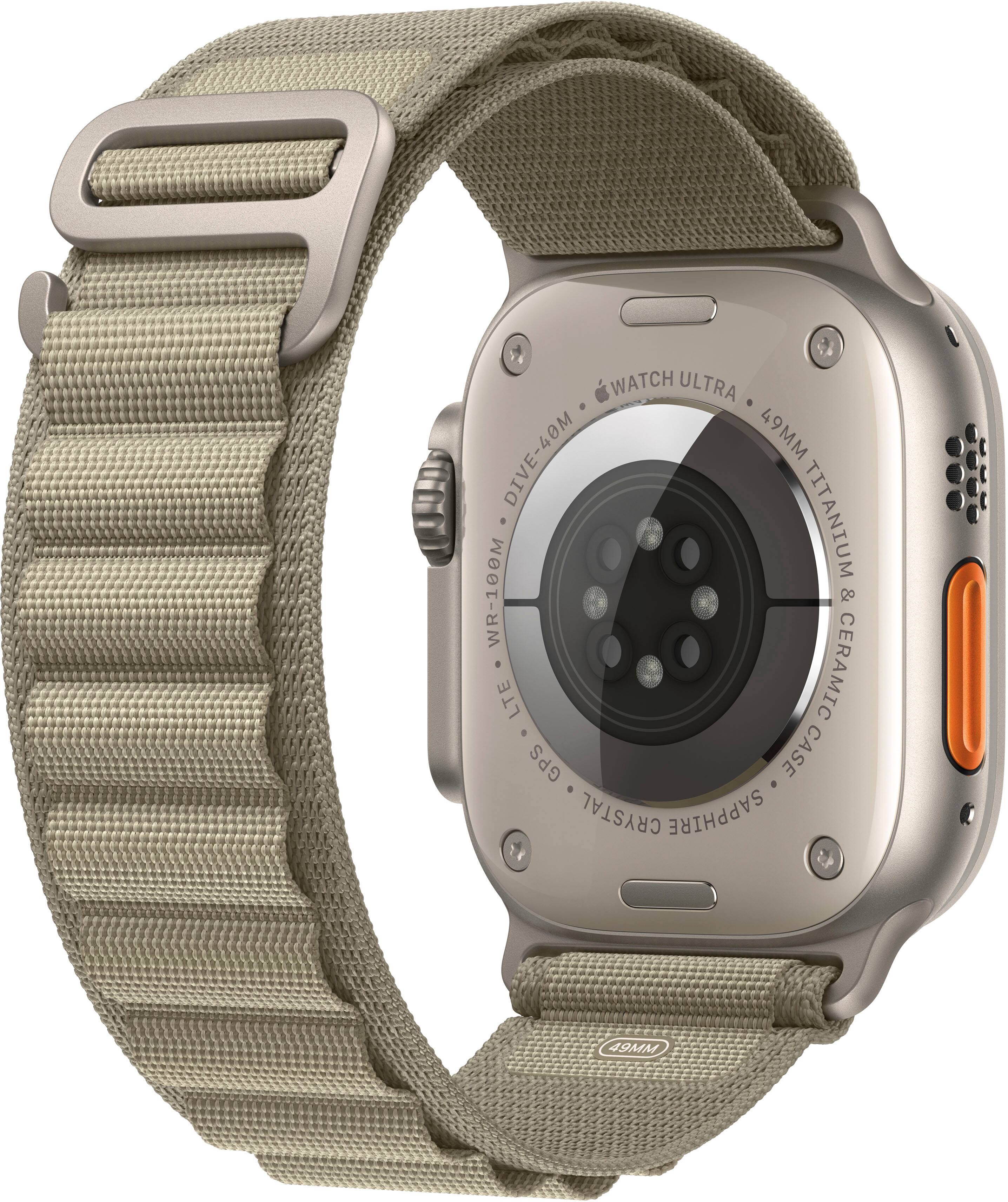 The watch is an Ultra Dive watch with a 49mm titanium case and a GPS feature. It also has a ceramic case and a crystal sapphire face. The watch is designed for water diving up to 40 meters and has a WR-100M rating.