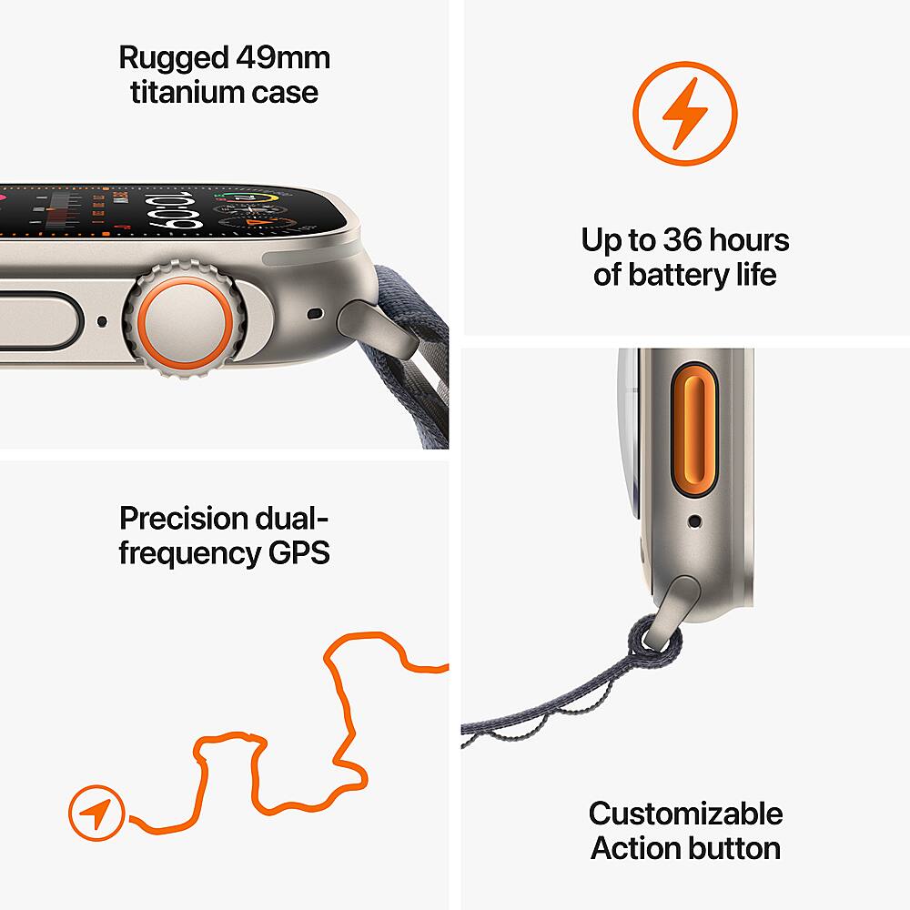 Rugged 49mm titanium case. Up to 36 hours of battery life. Precision dual-frequency GPS. Customizable Action button.