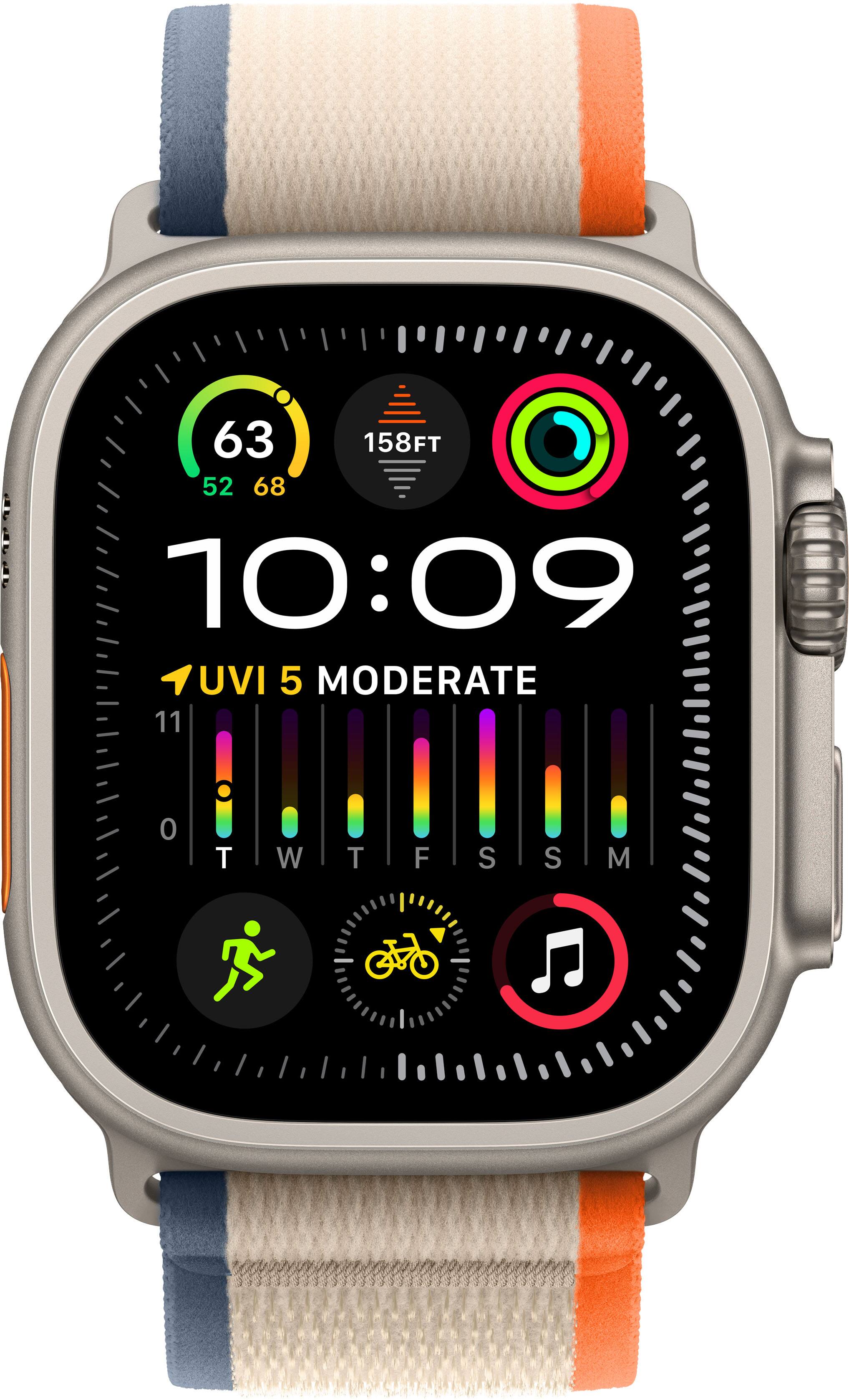 Angle. Apple - Apple Watch Ultra 2 GPS + Cellular 49mm Titanium Case with Orange/Beige Trail Loop (Medium/Large) - Titanium.