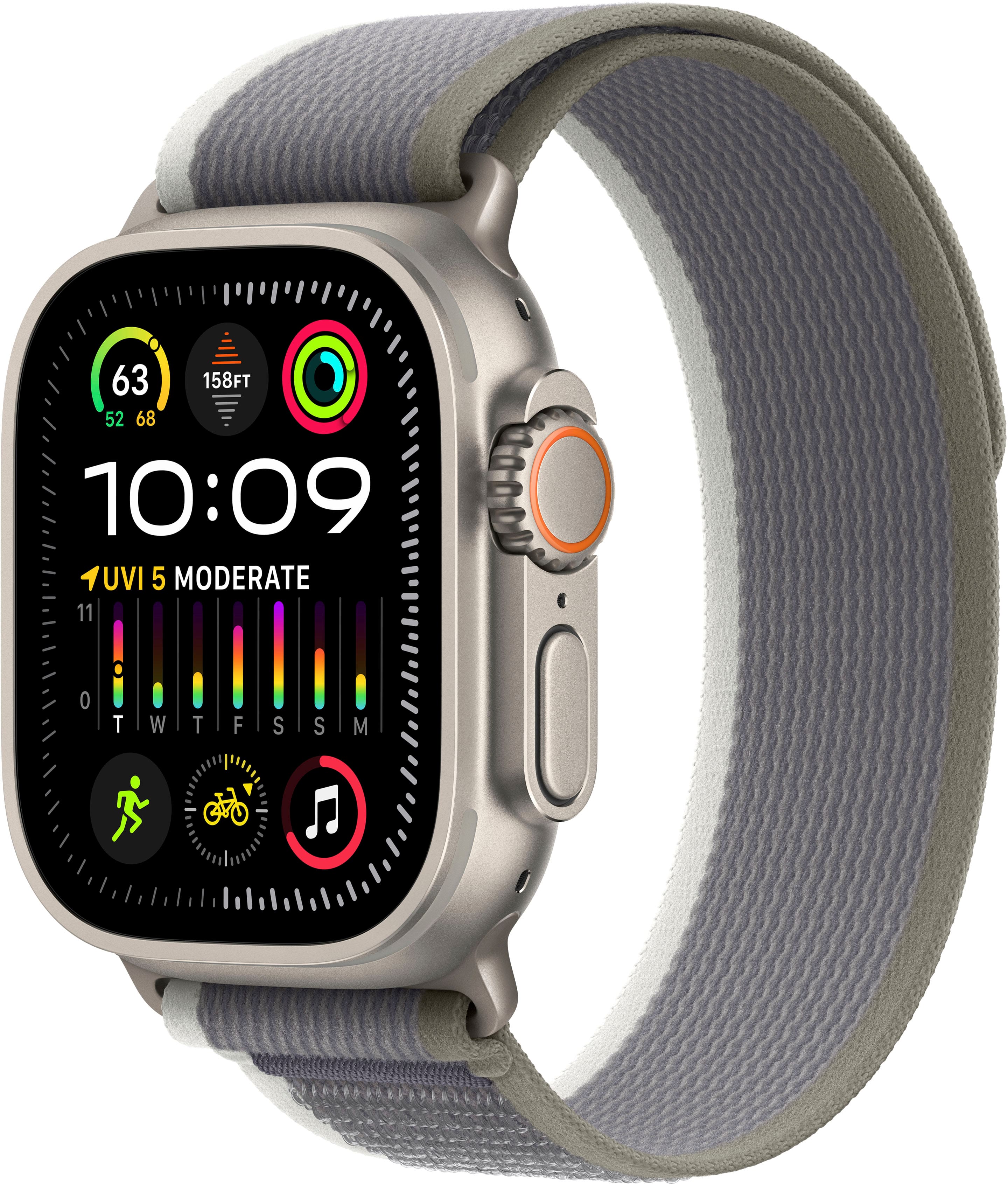 Front. Apple - Apple Watch Ultra 2 GPS + Cellular 49mm Titanium Case with Green/Gray Trail Loop (Medium/Large) - Titanium.