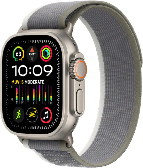 Apple Watch Ultra 2 GPS Cellular 49mm Titanium Case with Green Gray Trail Loop Medium Large Silver MRF43LW A Best Buy