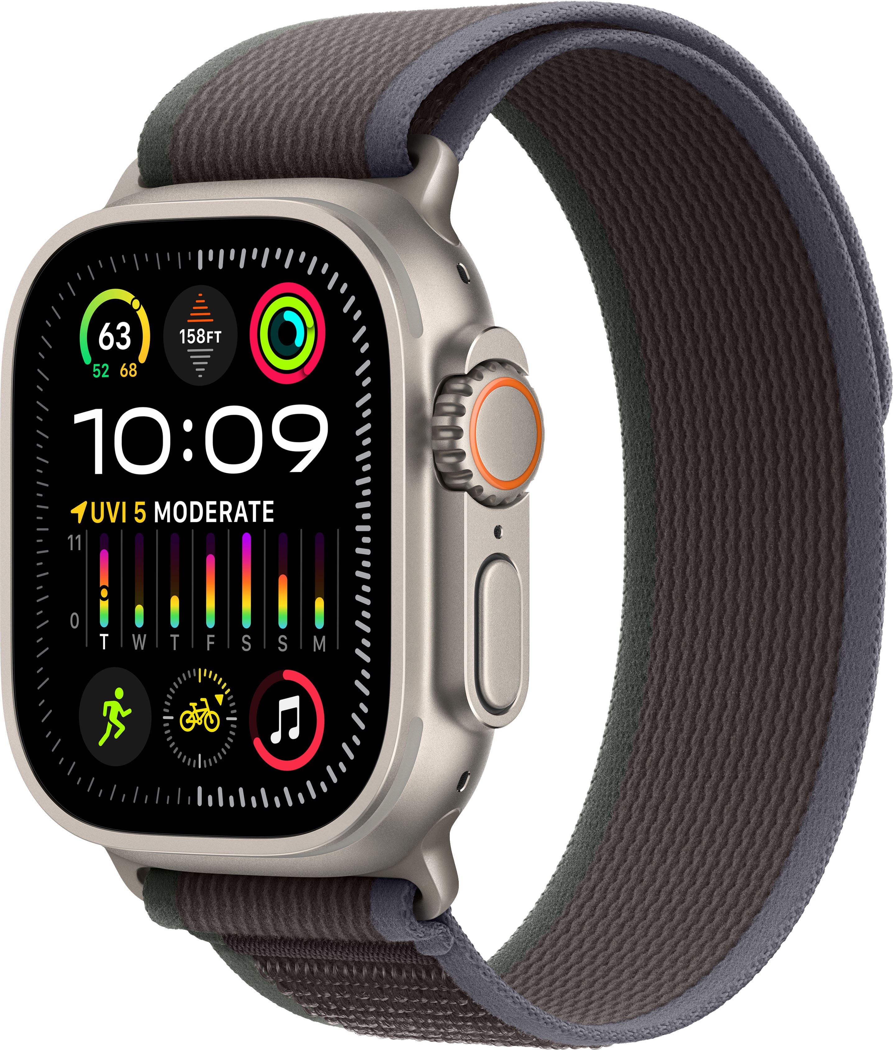 Front. Apple - Apple Watch Ultra 2 GPS + Cellular 49mm Titanium Case with Blue/Black Trail Loop (Small/Medium) - Titanium.