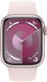 Angle. Apple - Apple Watch Series 9 GPS + Cellular 41mm Aluminum Case with Light Pink Sport Band  (Small/Medium) - Pink.