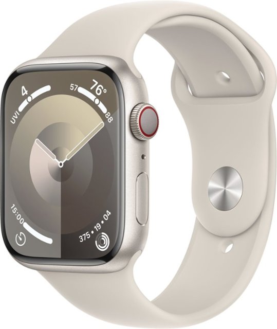 Front Zoom. Apple Watch Series 9 GPS + Cellular 45mm Aluminum Case with Starlight Sport Band  (Small/Medium) - Starlight (Verizon).