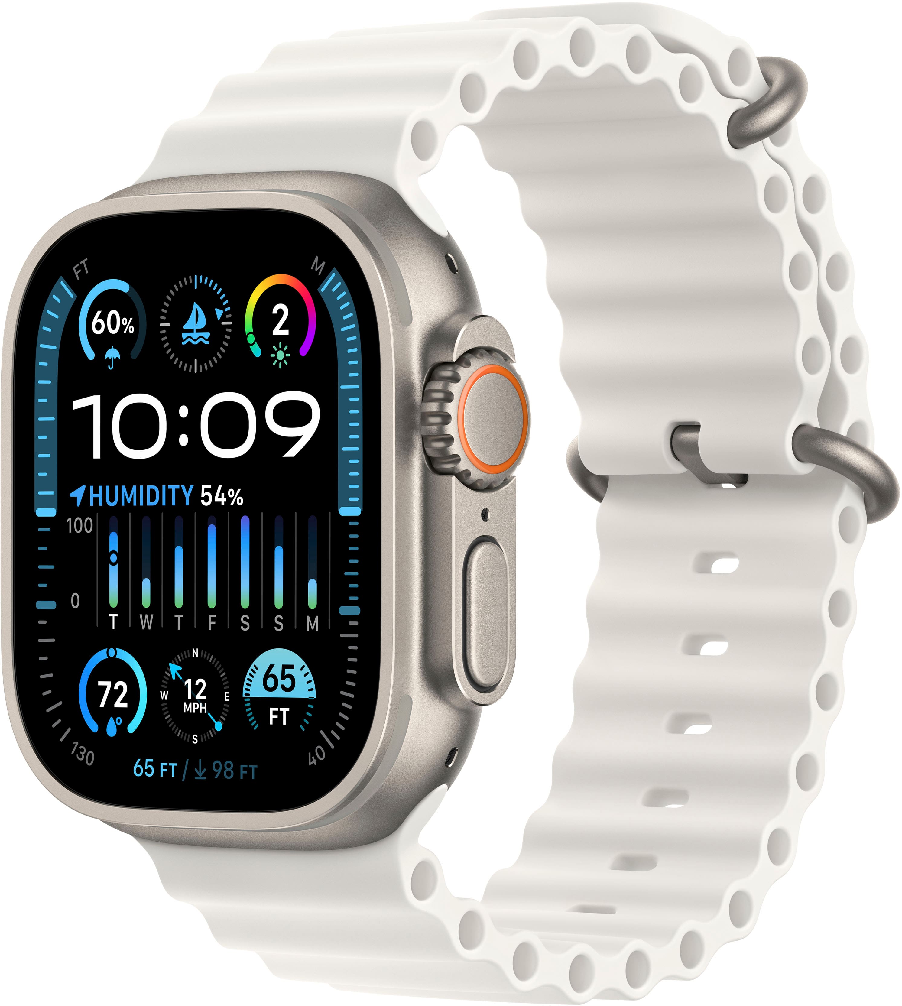 Front. Apple - Apple Watch Ultra 2 GPS + Cellular 49mm Titanium Case with White Ocean Band - Titanium.