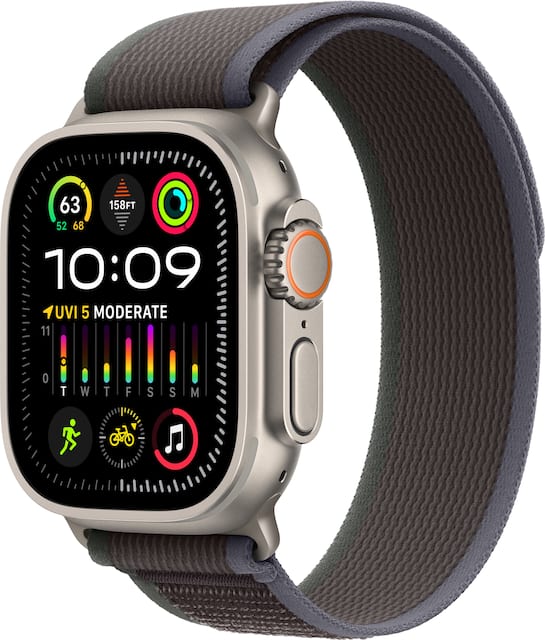 Front Zoom. Apple Watch Ultra 2 GPS + Cellular 49mm Titanium Case with Blue/Black Trail Loop  (Medium/Large) - Titanium (Verizon).