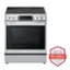 The image features an LG electric range with a stainless steel finish. The range is a double oven with a stove top, and it has a digital display on the front. The oven is designed to be energy efficient and reliable, making it a popular choice for home cooking. The range is advertised as America's most reliable line of appliances, according to a 2023 Consumer Reports survey.