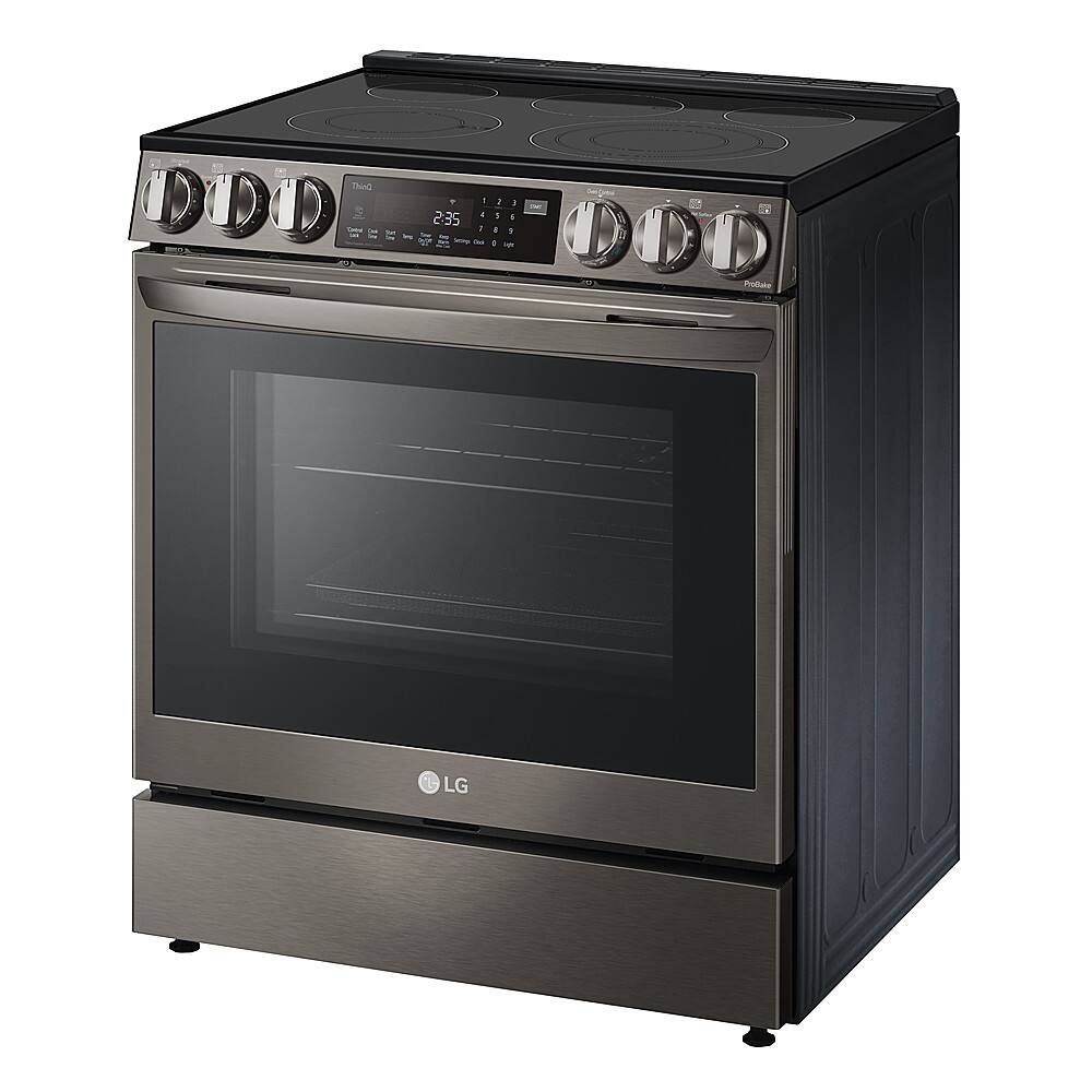 Left. LG - 6.3 Cu. Ft. Smart Slide-In Electric True Convection Range with EasyClean and Air Fry - PrintProof Black Stainless Steel.