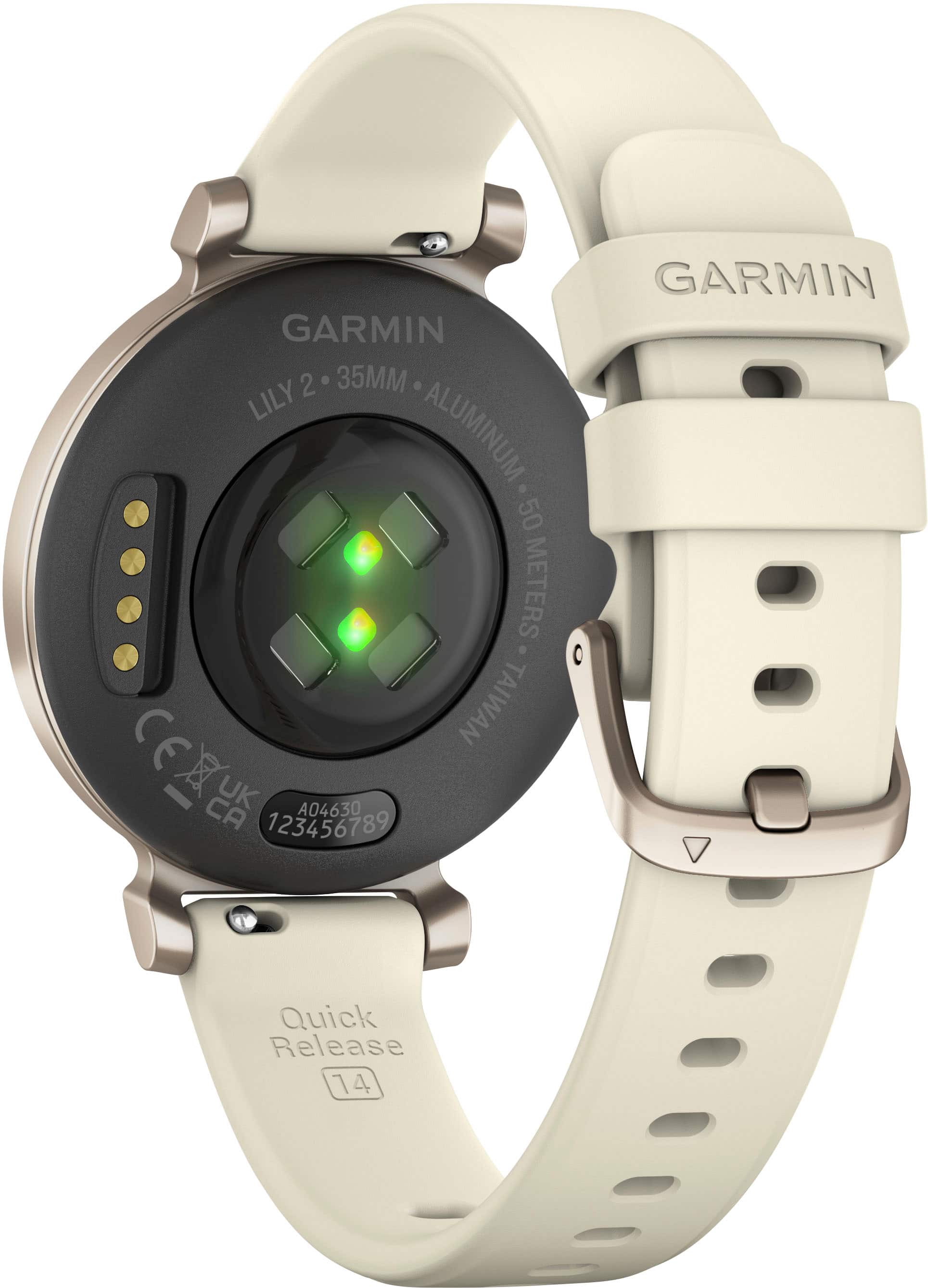 Back. Garmin - Lily 2 Smartwatch 34 mm Anodized Aluminum - Cream Gold with Coconut Silicone Band.