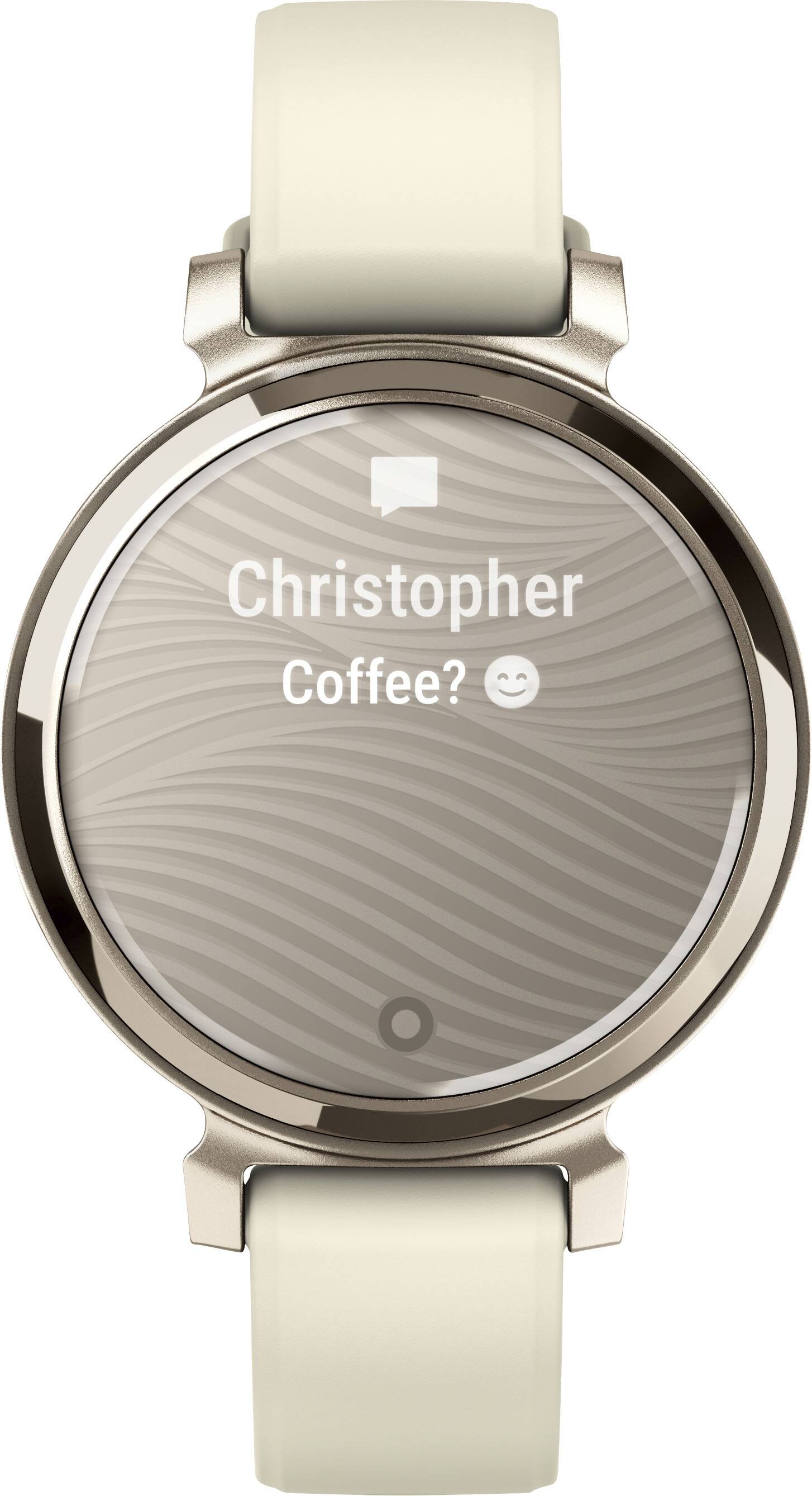Angle. Garmin - Lily 2 Smartwatch 34 mm Anodized Aluminum - Cream Gold with Coconut Silicone Band.