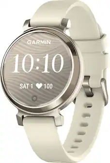 Front. Garmin - Lily 2 Smartwatch 34 mm Anodized Aluminum - Cream Gold with Coconut Silicone Band.