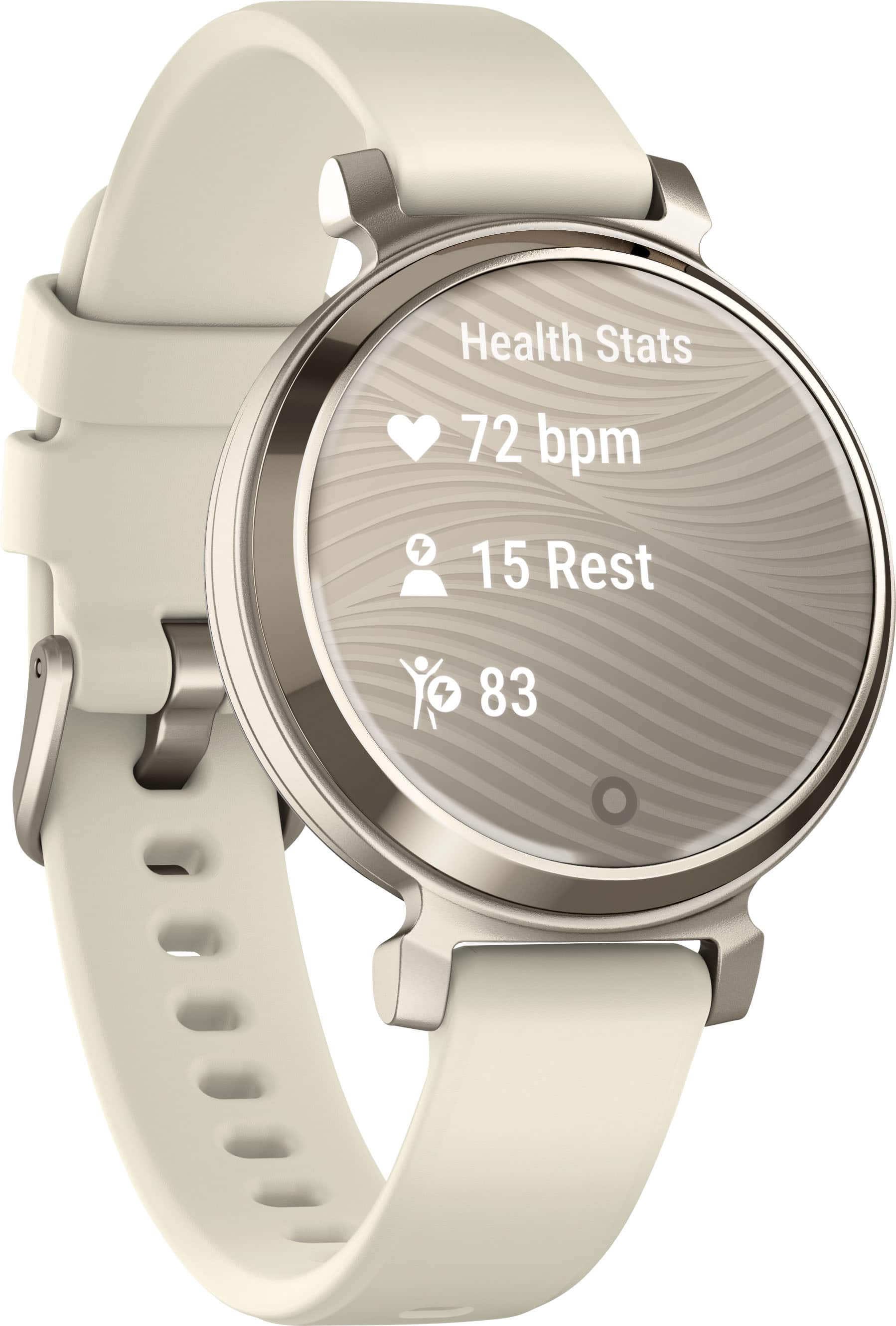 Left. Garmin - Lily 2 Smartwatch 34 mm Anodized Aluminum - Cream Gold with Coconut Silicone Band.