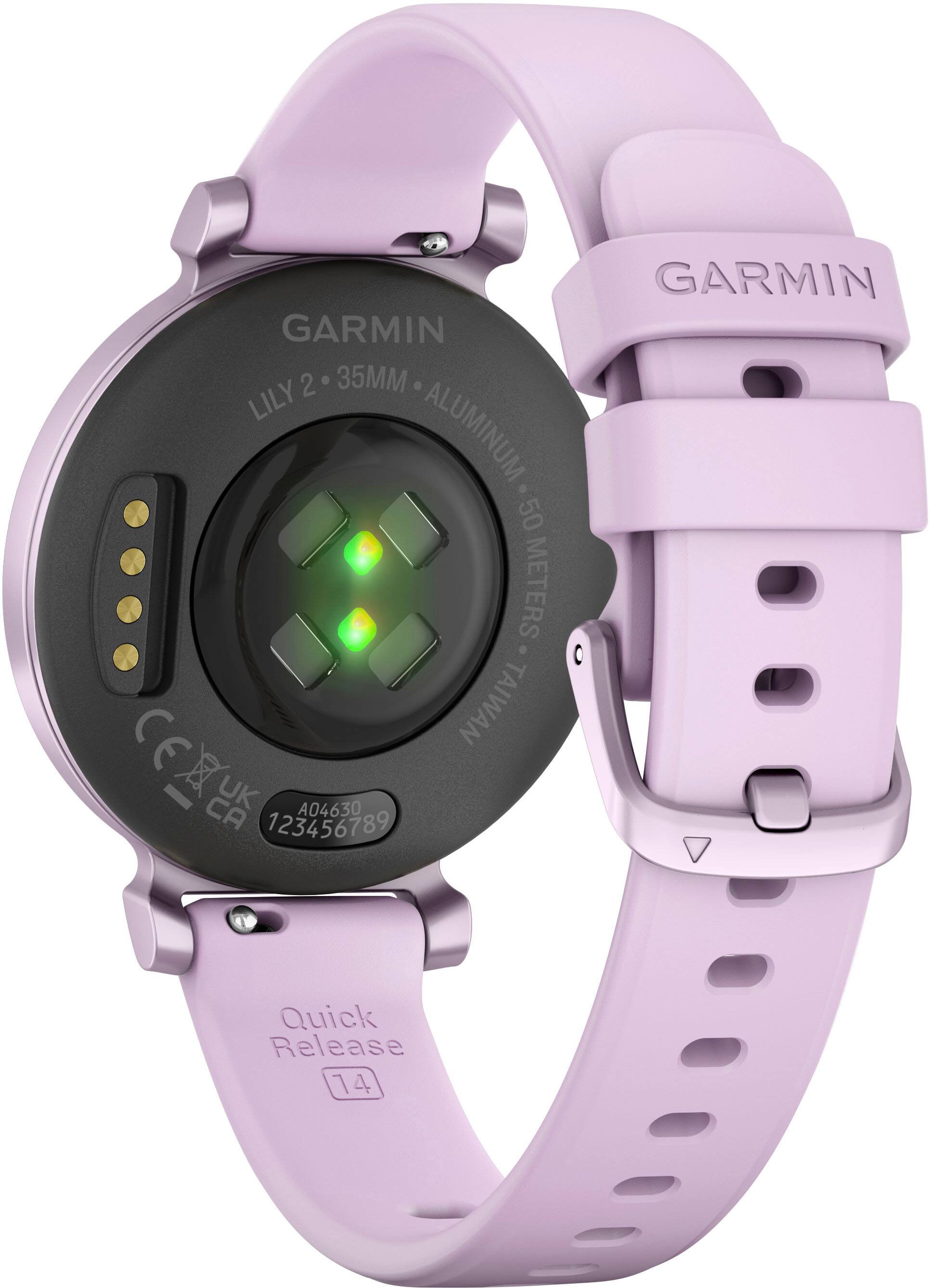 Back. Garmin - Lily 2 Smartwatch 34 mm Anodized Aluminum - Metallic Lilac with Lilac Silicone Band.