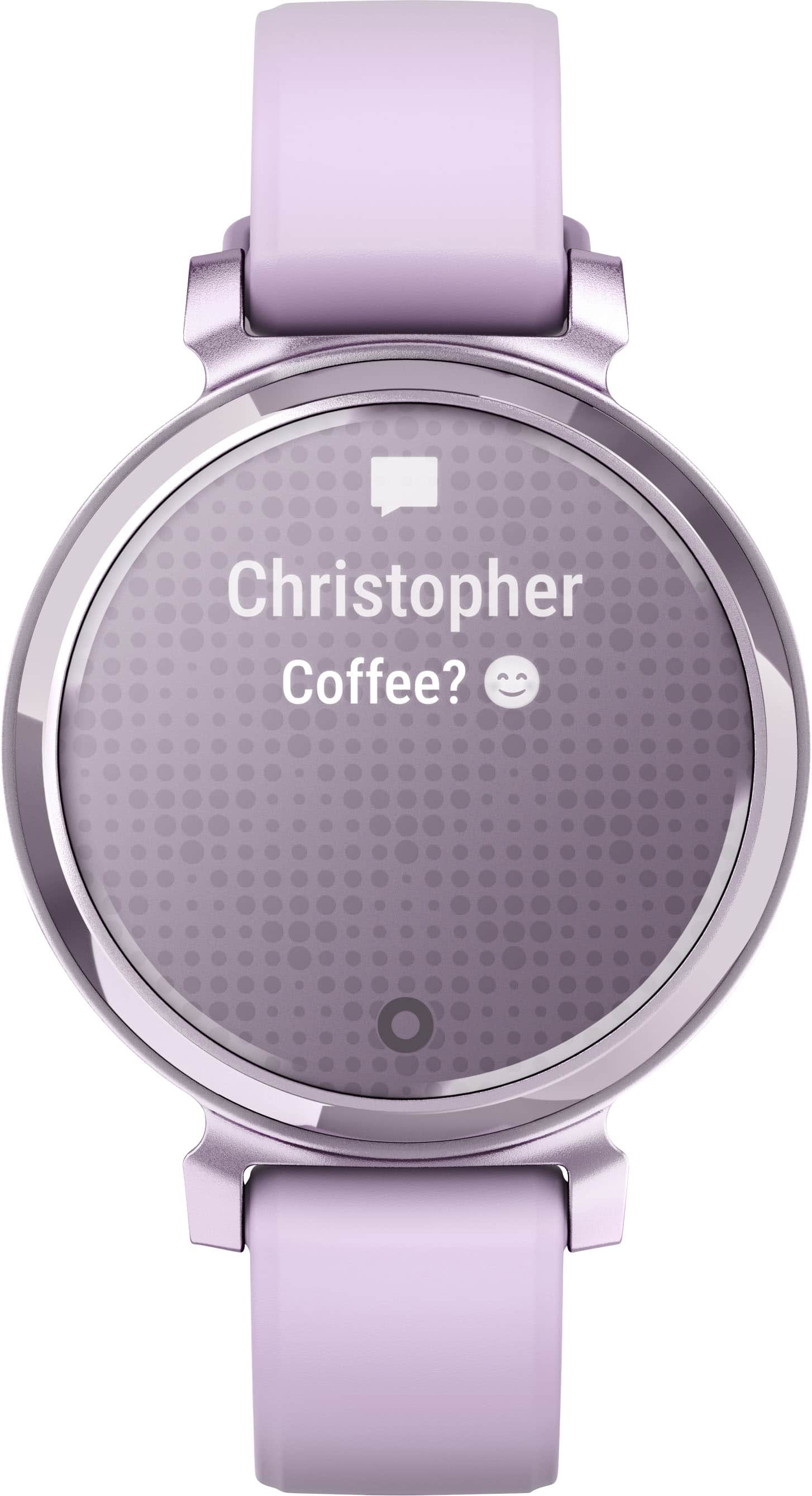 Angle. Garmin - Lily 2 Smartwatch 34 mm Anodized Aluminum - Metallic Lilac with Lilac Silicone Band.