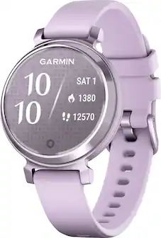 Front. Garmin - Lily 2 Smartwatch 34 mm Anodized Aluminum - Metallic Lilac with Lilac Silicone Band.