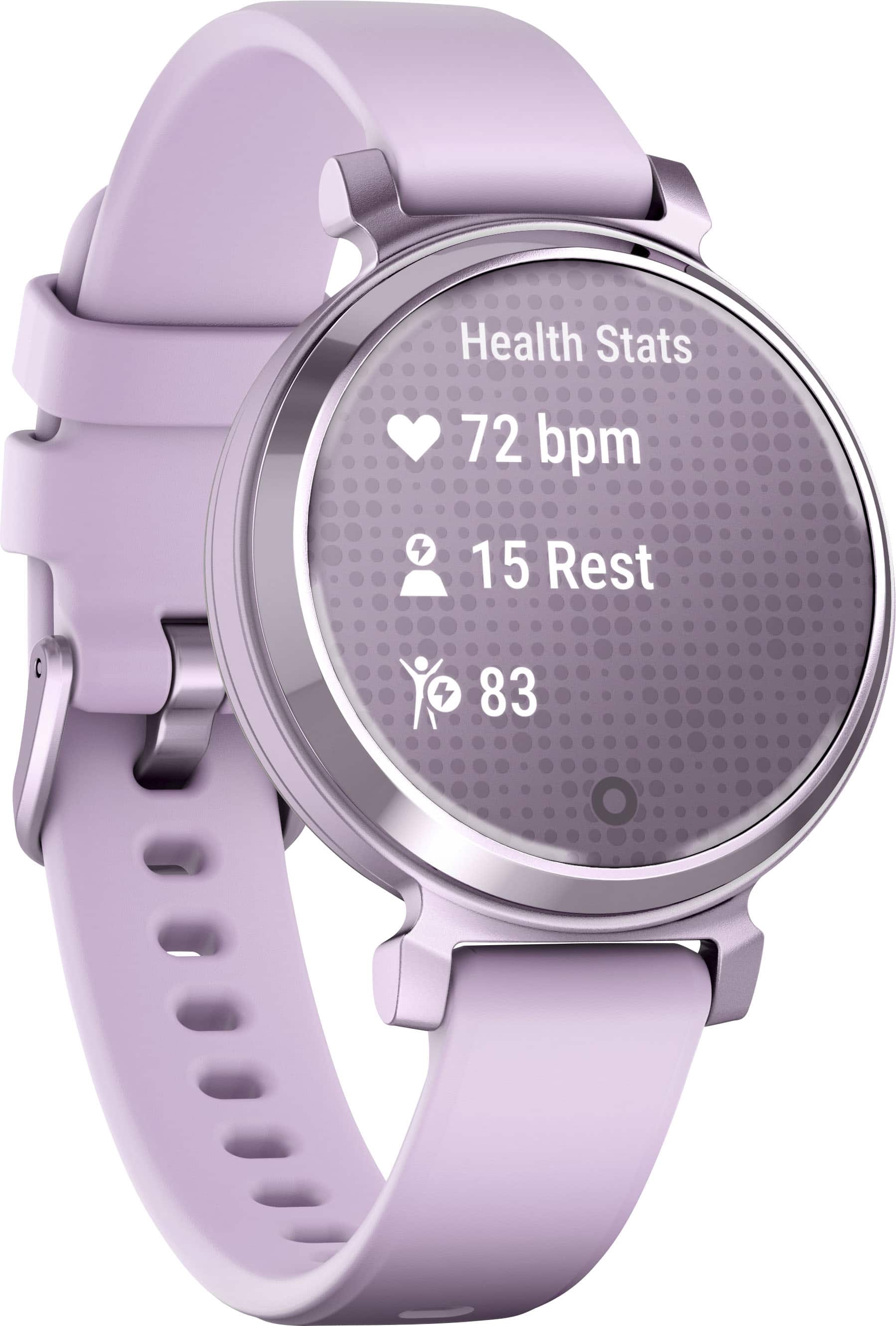 Left. Garmin - Lily 2 Smartwatch 34 mm Anodized Aluminum - Metallic Lilac with Lilac Silicone Band.