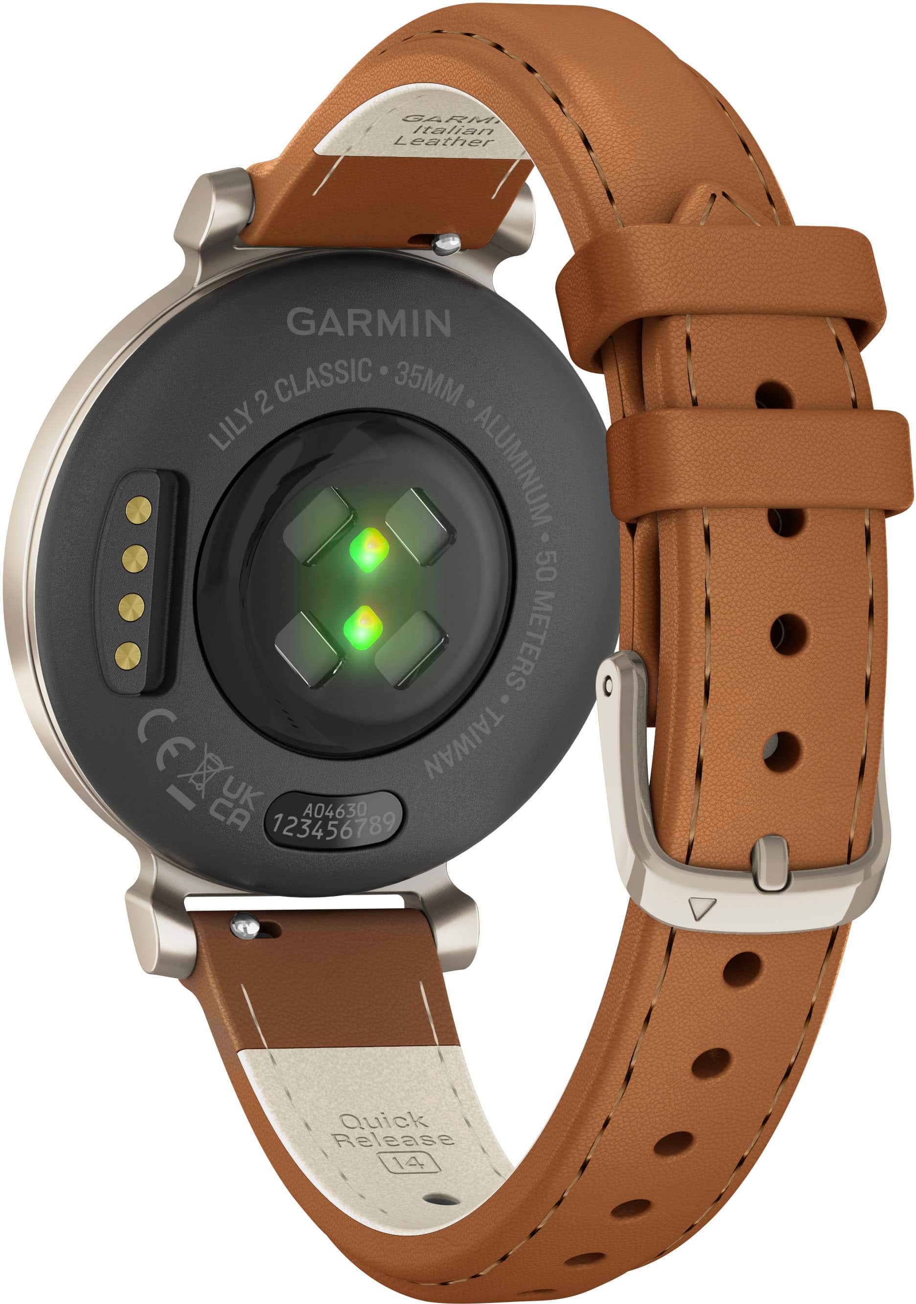 Back. Garmin - Lily 2 Classic Smartwatch 34 mm Anodized Aluminum - Cream Gold with Tan Leather Band.