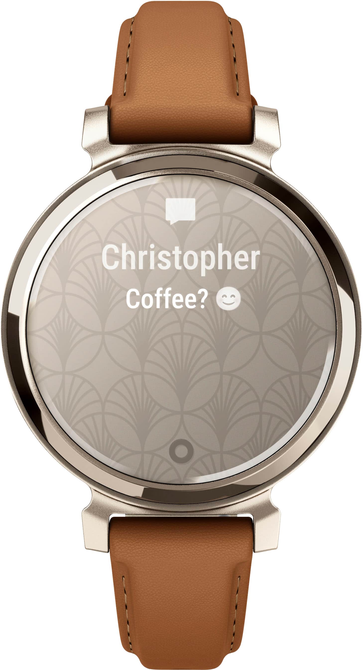 Angle. Garmin - Lily 2 Classic Smartwatch 34 mm Anodized Aluminum - Cream Gold with Tan Leather Band.