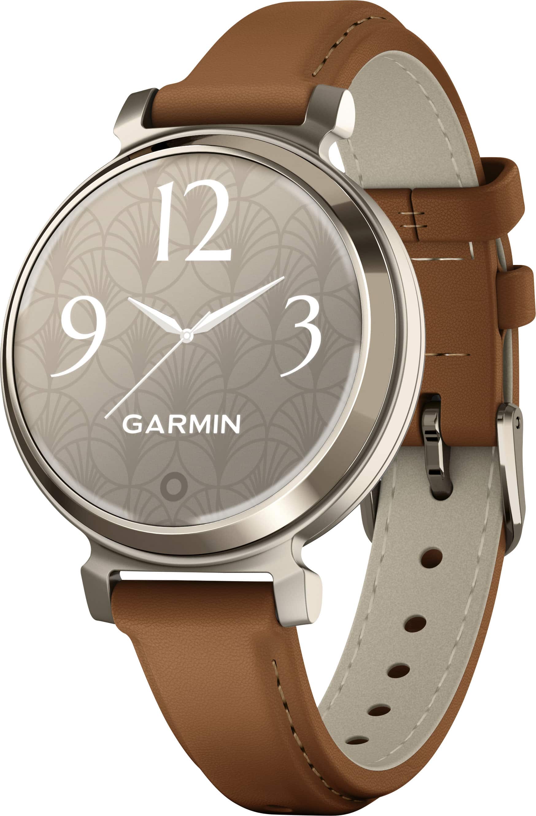 Front. Garmin - Lily 2 Classic Smartwatch 34 mm Anodized Aluminum - Cream Gold with Tan Leather Band.