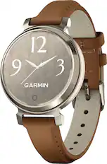 Front. Garmin - Lily 2 Classic Smartwatch 34 mm Anodized Aluminum - Cream Gold with Tan Leather Band.